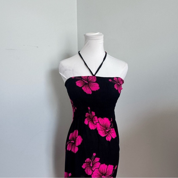 Vintage Hawaiian Black Pink Hibiscus Strapless Dress Beach Up Festival Y2K M - Picture 5 of 6